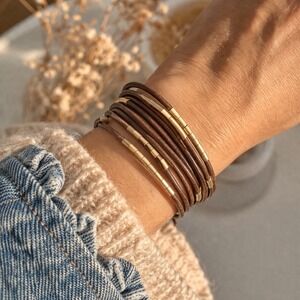 Wrap Bracelet Brown Leather Silver Tone Spacer Beads Boho Minimalist Unisex